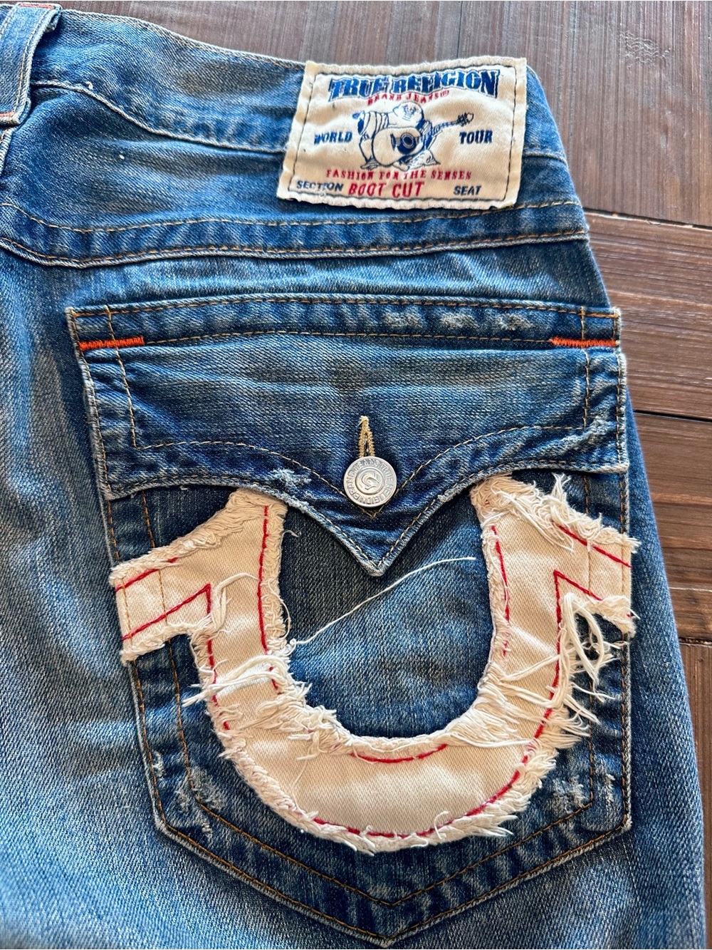 True Religion World Tour Boot Cut Jeans Distressed Horseshoe